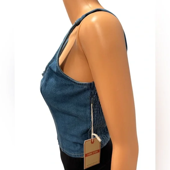 LONE STAR Bustier Corset Top Denim Blue Stretchy Lightly Distressed NWT Large - Picture 3 of 8